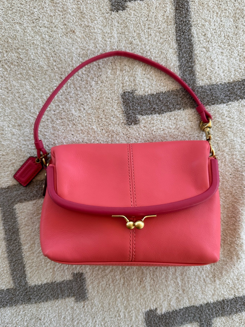 Coach Coral Pink Pebbled Leather Shoulder Bag with Gold Hardware